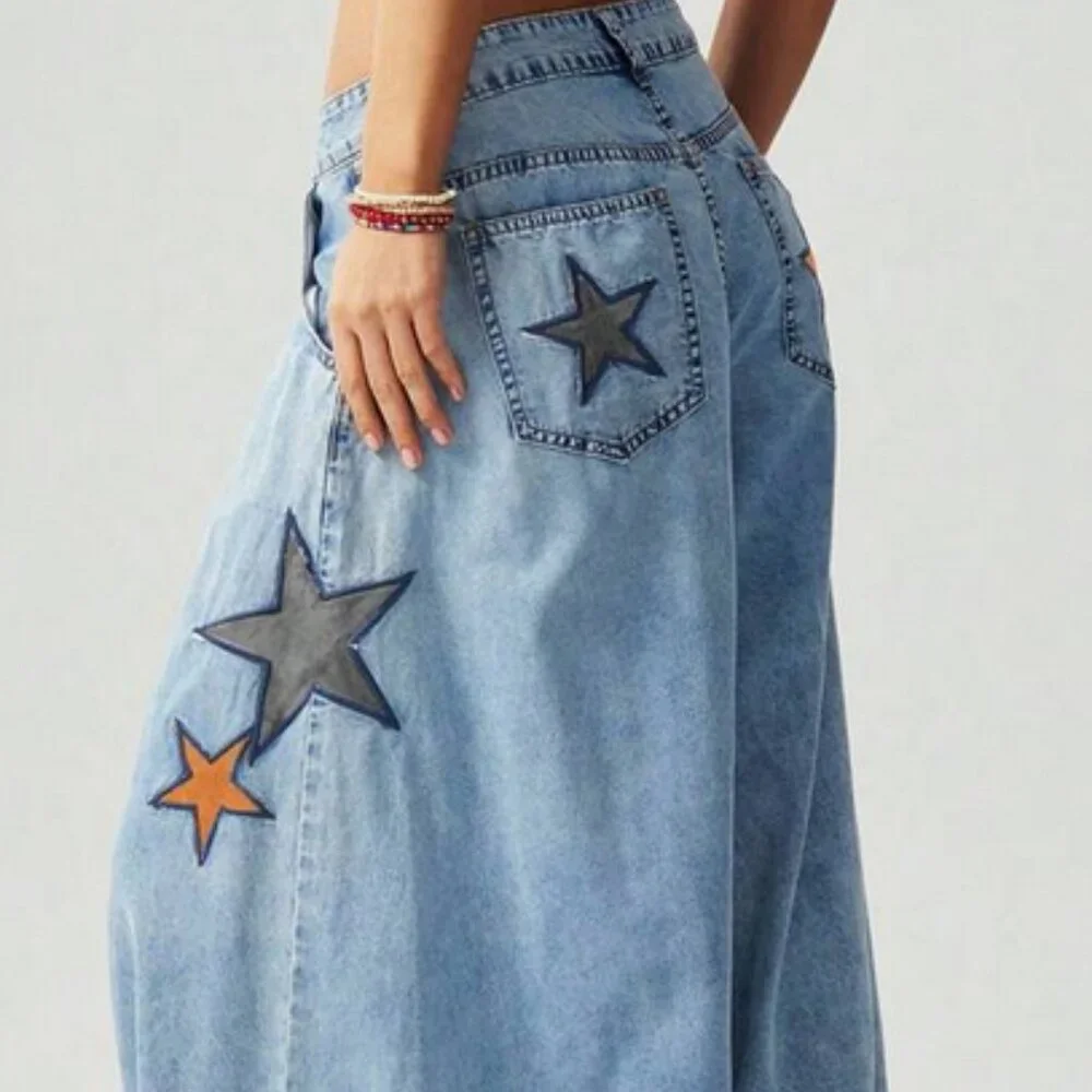 Super Wide Leg Star Patch BOHO Jeans  Size 8 - Picture 2 of 6